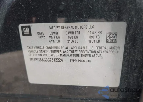 2012 Chevrolet Cruze 2Lt z USA, uszkodzony, nr VIN 1G1PG5SC9C7312224